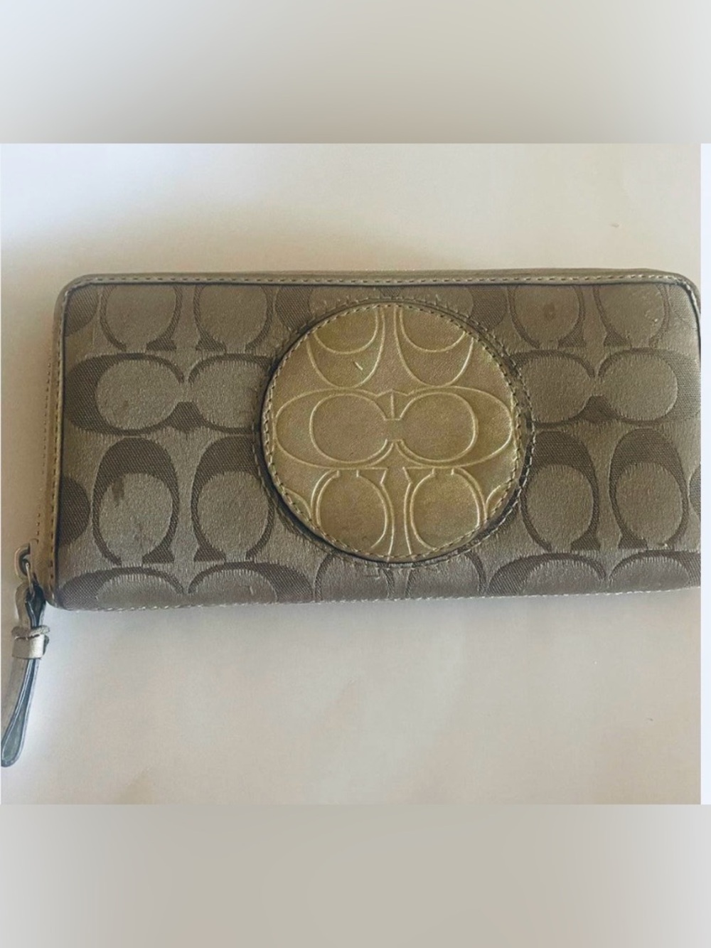 Coach Metallic Gold and Taupe Signature Zip Wallet